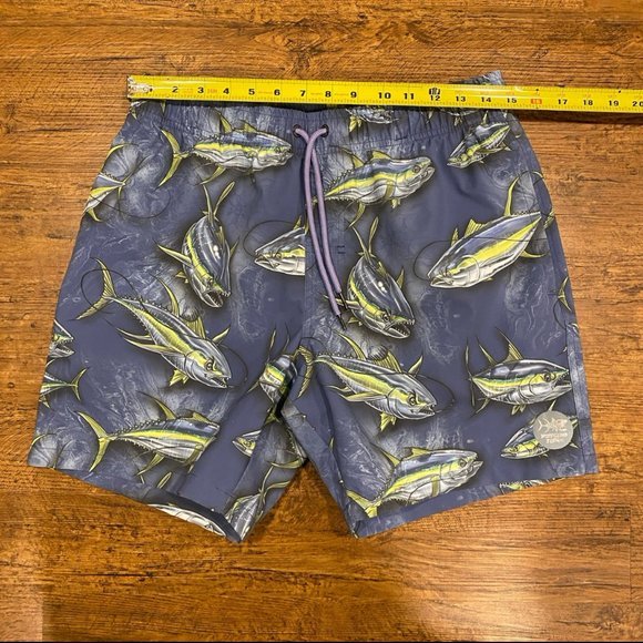 Psycho Tuna Blue Fish Print Vacation Beach Pool Swim Trunks Shorts 6" Men's Med - Picture 6 of 7